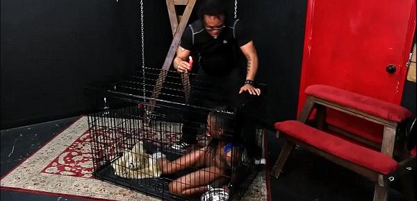  Caged ebony slave Harmonys candle wax punishment and black bdsm of dark bondage